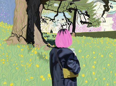 Woman Wirth 粉色头发和水仙花田（数字艺术） 作者 埃文·斯克拉