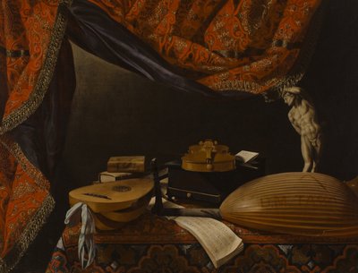 乐器，书籍和雕塑的静物，c。 1650 作者 埃斯里斯托（Evaristo）