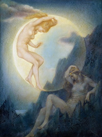 象征："La Terre endormie et la Lune se reveillant"（《沉睡的大地和苏醒的月亮》） 艾芙琳-德-摩根（1855-1919 年）（前拉斐尔派画家）的画作 珍藏版 作者 伊夫林·德·摩根（Evelyn De Morgan）