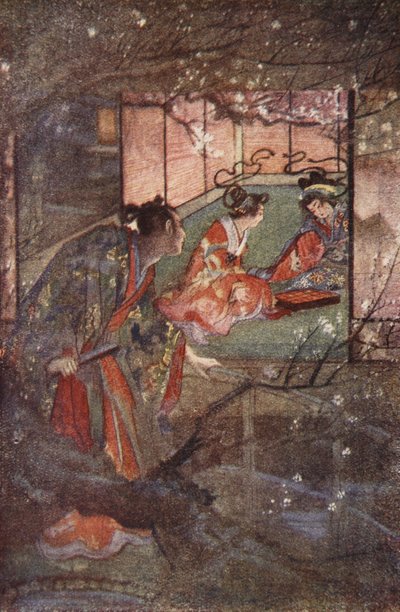 足利将军宫中的加藤左卫门，F. Hadland Davis 所著《日本的神话与传说》中的插图 作者 伊芙琳·保罗