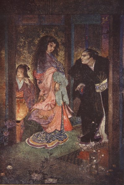 新三郎认出了津由和她的女仆米，插图选自 F. Hadland Davis 所著《日本的神话与传说》。 作者 伊芙琳·保罗