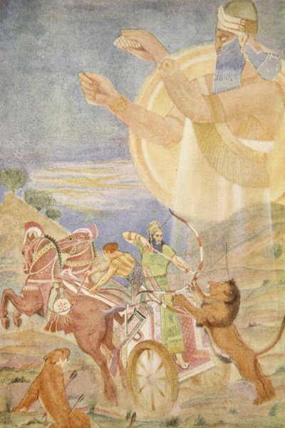 提格拉斯-皮勒瑟一世 (Tiglath-Pileser I)，尼尼布 (Ninib) 执导，插图来自刘易斯·斯彭斯 (Lewis Spence) 的《巴比伦和亚述的神话与传说》 作者 伊芙琳·保罗