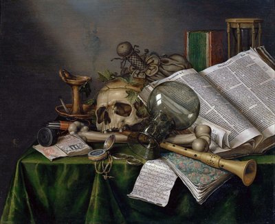 Vanitas-静物与书籍，手稿和头骨 作者 Evert项链