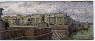圣彼得堡参议院广场（La place du Senat a Saint Petersbourg）。Description des batiments sur la rive de la Neva.Oeuvre de Evgeny Evgenyevich Lanceray (Eugene Lansere) (1875-1946), lithographie 作者 叶夫根尼 叶夫根尼耶维奇 兰斯雷
