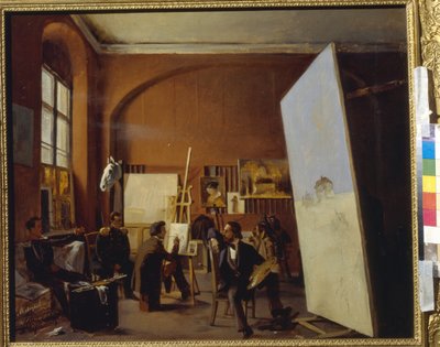 画家 V. Maksutov 伯爵的工作室。叶夫格拉夫-谢苗诺维奇-索罗金（1821-1892 年）的画作，布面油画 作者 Evgraf Sorokine