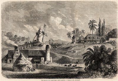 瓜德罗普岛的一家糖厂，由Auguste de Berard（1824-1881）绘制，用于说明安东尼-特罗洛普（1815-1882）在1858-1859年的西印度群岛航行。雕刻在 "世界之旅，新的航行日志 "巴黎。 作者 Evremond de (after) Berard