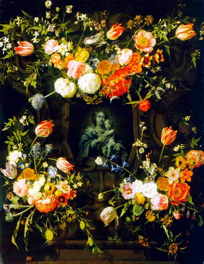 麦当娜被鲜花包围，1662年 作者 艾肯人或艾肯人