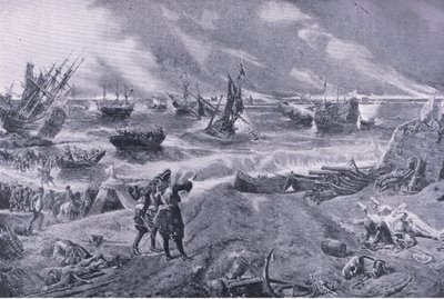 詹姆斯二世在La Hogue战役，1692年5月23日，英国战役在陆地和海上的插图，1915年 作者 艾尔·克洛（Eyre Crowe）