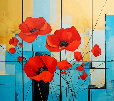 抽象蒙德里安, 罂粟花绘画, 壁画 | 帆布印花 作者 F. Abderrahim