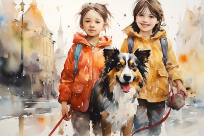 狗狗和孩子的水彩肖像画，墙面艺术装饰，canva 打印 作者 法赫塔利·阿卜杜勒拉希姆