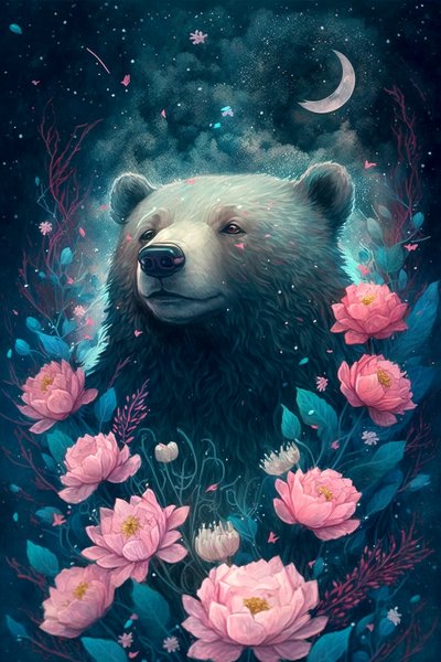 小熊在鲜花环绕的梦幻场景中，有框海报版画 作者 法赫塔利·阿卜杜勒拉希姆