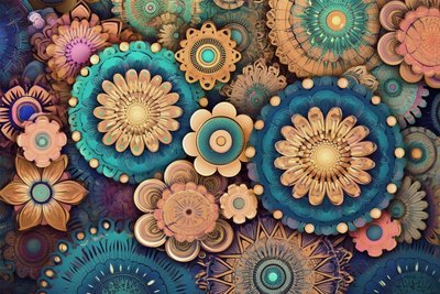 五彩缤纷的曼陀罗花，生机勃勃的美丽花园，墙面艺术印刷品 作者 法赫塔利·阿卜杜勒拉希姆