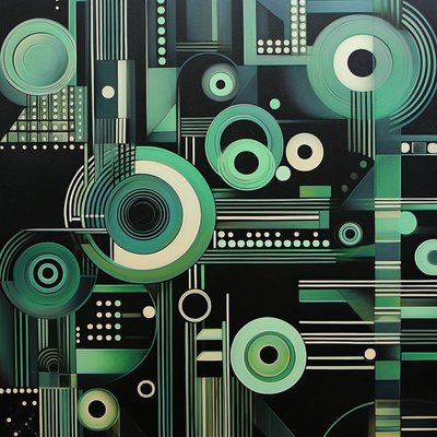 深黑色背景上的复杂几何绘画，美术版画 作者 F. Abderrahim