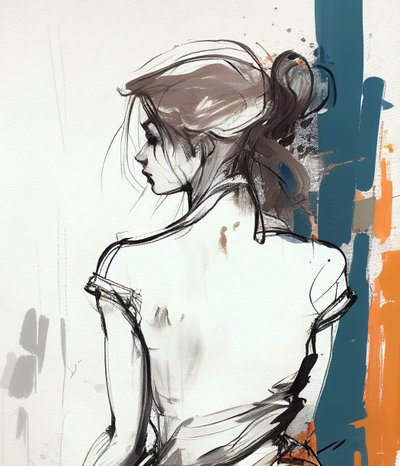 从后面画一个女孩，极简线条绘画，壁画版画 作者 法赫塔利·阿卜杜勒拉希姆