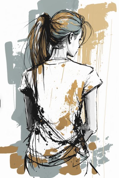 从后面画的女孩，极简主义混乱线条素描，壁画打印 作者 法赫塔利·阿卜杜勒拉希姆