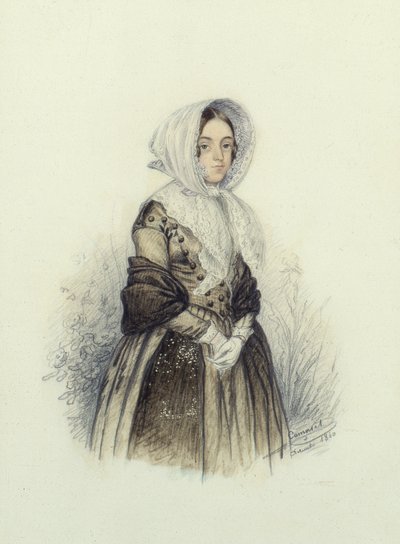 一个年轻的女士，戴着白色手套的帽子的肖像，1840年（wc和铅笔在纸上） 作者 F. Camaret
