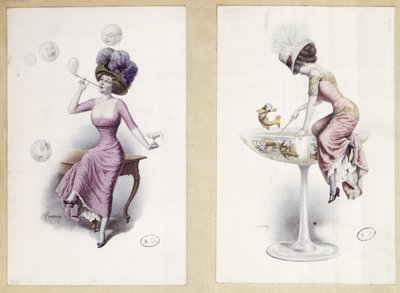 描绘一名妇女在香槟杯中吹泡泡和钓鱼的明信片，约 1900 年（彩色平版印刷） 作者 F库德纳