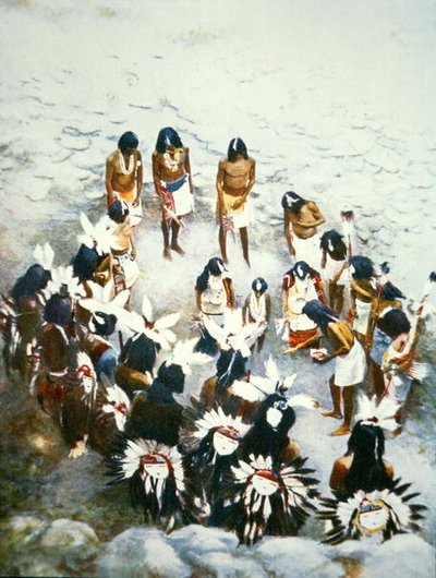 Lenya仪式，Walpi Pueblo，约1900年（彩色平版印刷）。 作者 塞思