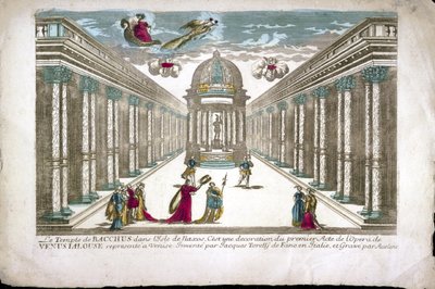 巴克斯神庙 弗朗切斯科·萨克拉蒂 (Francesco Sacrati) 的歌剧“La venere gelosa”（嫉妒维纳斯）第一幕的插图。 雅格布·托雷利 (Jacopo Torelli) 的装饰 作者 Family Aveline