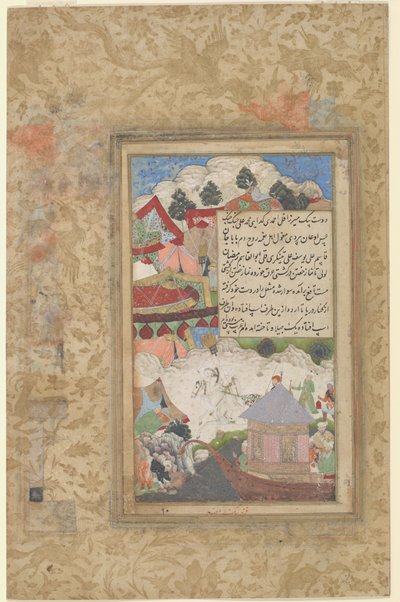 醉酒的巴布尔在夜间返回营地，约 1589 年（纸上不透明水彩和金色） 作者 法鲁克·贝格