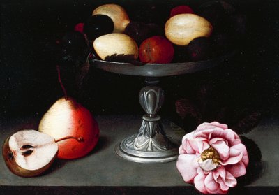 摆放着李子、梨和一朵玫瑰花的支架，约 1602 年，Fede Galizia（1578-1630 年）创作 作者 加德里亚（Fede Galizia）