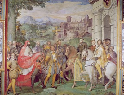 查尔斯五世（1500-58）与Alessandro Farnese（1546-92）在沃尔姆斯，来自&39;Sala dei Fasti Farnese&39;（法尔内塞的辉煌殿堂），1557-66（见95812） 作者 Federico Zuccaro