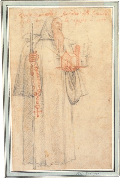Vallombrosa的Camaldolites检察官Fra Stefano，作为Saint Romuald，手持教堂和念珠的模型，1577年 作者 费德里科·祖卡罗