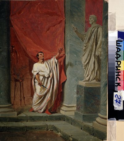 布鲁图（马库斯-朱尼厄斯-布鲁图，Marcus Junius Brutus）（公元前 85 年-公元前 42 年）在强奸卢克蕾西（卢克蕾齐娅，Lucretia，罗马女士）后的誓言。由费奥多-安德烈耶维奇-布朗尼科夫（1827-1902 年）绘制。木板油画。0.325 x 0.249 米。 作者 费多·安德烈耶维奇·布朗尼科夫