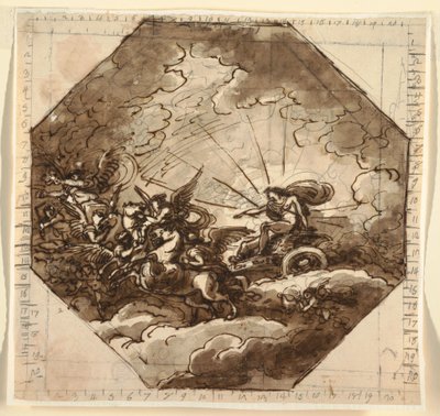 素描，阿波罗与欧若拉乘坐的战车，Sala Ottogonale，米尔泽蒂宫，法恩扎，1804-05 年 作者 菲利斯·贾尼