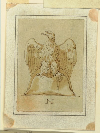 绘画，项目：约 1800 年，展翅的雄鹰站在一顶法式双角帽上 作者 菲利斯·贾尼