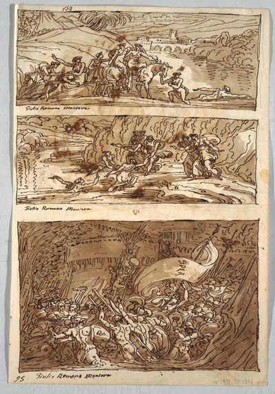素描本页，对开页 95：朱利奥-罗马诺之后的三幅画；背面：狮子和鹰 作者 在朱利奥罗马诺之后