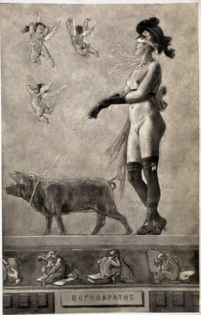 Pornokrates（裸体女人，眼带，被天使包围，用皮带牵着一头猪）——Felicien Rops 的画作（1833-1898 年） 作者 费利西安罗普斯