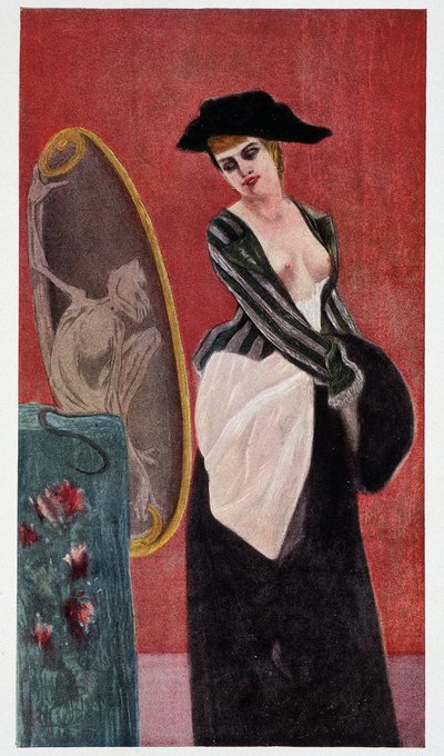 贪婪的恶魔：一个女人在镜子里看自己的畸形倒影，《Felicien Rops》，作者鲁道夫-克莱因。 作者 费利西安罗普斯