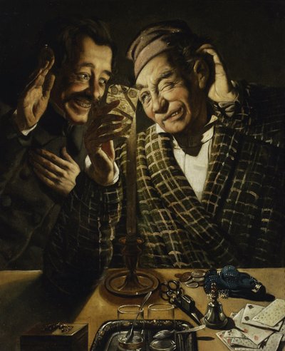 烛光下的赌徒 作者：Peczarski, Feliks (1804-1862)。 布面油画，尺寸：75.5x62 作者 费利克斯·佩查尔斯基