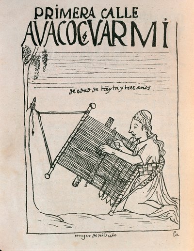 A female weaver using a loom (Ink drawing 作者 费利佩·华曼·波马·德·阿亚拉