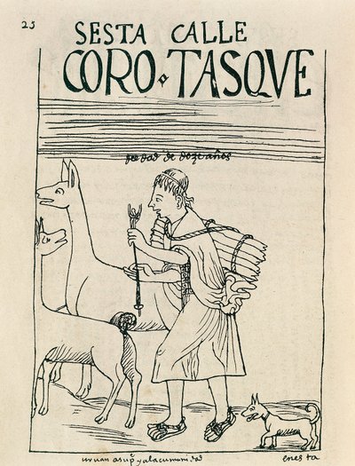 A young man herding llamas and gathering wood (Ink drawing 作者 费利佩·华曼·波马·德·阿亚拉