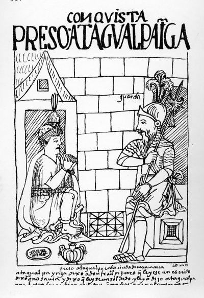 Atahualpa印加人在他的监狱在Cajamarca 作者 费利佩·华曼·波马·德·阿亚拉