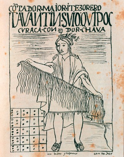 Inca man holding a quipu: accounting system using strings and knots (Ink drawing 作者 费利佩·华曼·波马·德·阿亚拉