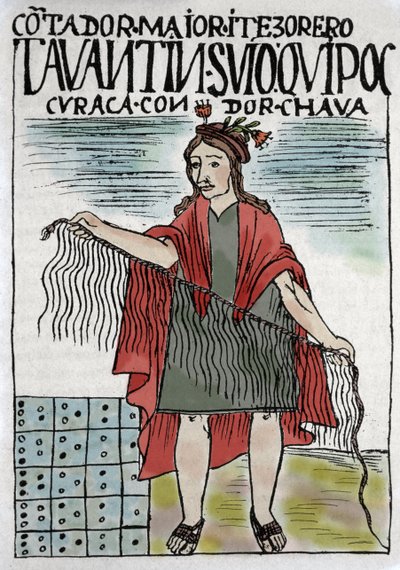 Quipu (Quipo Quipou) 绳索和结的印加会计系统，印加文化 1400-1532 AD，手稿由 Felipe Guaman Puma de Ayala (Nueva Coronica y buen Gobierno) 撰写，他是 16 世纪的印度专栏作家。 作者 费利佩·华曼·波马·德·阿亚拉