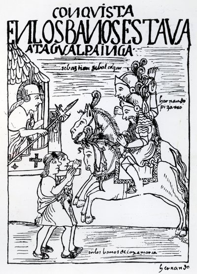 Sebastian de Benalcazar和Hernando Pizarro在Cajamarca（木刻）皇家浴场对抗Atahualpa印加人 作者 费利佩·华曼·波马·德·阿亚拉