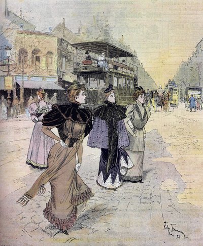 四月的巴黎大林荫道，根据费利克斯-福尔内里(1865-1938)的水彩画绘制 1893年 作者 费利克斯（之后）Fournery