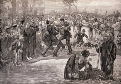 美国的黑人洗礼，来自《伦敦新闻画报》，1887年5月21日（雕刻）。 作者 费利克斯（后）复活