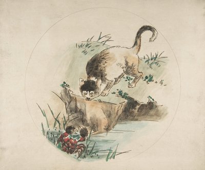盘子的装饰：一只猎蟹的猫，1850-1914。 作者 费利克斯·布拉克蒙德