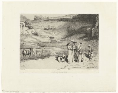 年轻妇女在丘陵地带给牧羊女钱 Les demoiselles du Villages（物体上的标题） 作者 古斯塔夫·库尔贝