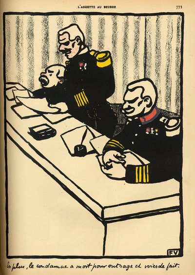 一个军事法庭代表死刑判决，罪名是“犯罪和惩罚”，特别版“L&39;Assiette au Beurre”，1902年3月1日 作者 费利克斯·爱德华·瓦洛顿