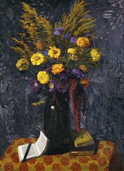 法国万寿菊，紫色雏菊和金色捆； 1925年印度的康乃馨，紫色雏菊和金黄色的gerbs 作者 费利克斯·爱德华·瓦洛顿