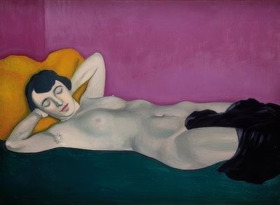 说谎反对紫色背景的妇女。 1924年 作者 费利克斯·爱德华·瓦洛顿