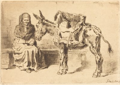 Cacoletière Assise 坐着的女人和驴，1875年。 作者 菲利克斯·希拉勒·布霍特