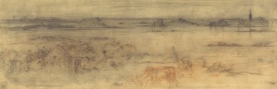 海景画，右边是一个设防的城市，左边是岛屿，前景是一个小屋，c1882。 作者 菲利克斯·希拉勒·布霍特
