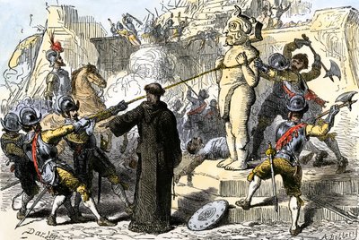 西班牙祭司摧毁墨西哥阿兹特克神像。19 世纪（彩色雕刻） 作者 费利克斯·奥克塔维斯·卡尔·达利